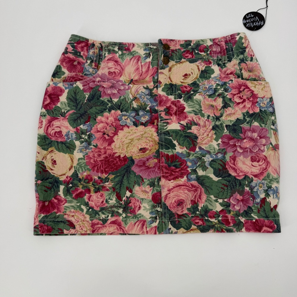 Vintage Paris Blues Floral Tapestry Mini Skirt Pink Green Size 13 Made in USA